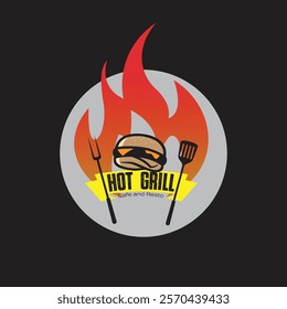 Vintage grilled barbecue logo template, retro BBQ vector, fire grill food and restaurant icon, Red fire icon