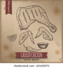 Vintage grilled chicken template placed on old paper background. Great for market, restaurant, grill cafe, food label design.
