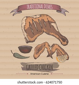 Vintage grilled chicken template placed on carboard background. Great for market, restaurant, grill cafe, food label design.