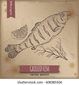 Vintage grilled fish template placed on old paper background. Great for markets, grocery stores, organic shops, food label design.