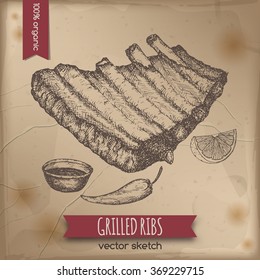 Vintage grilled ribs template placed on old paper background. Great for market, restaurant, grill cafe, food label design. 