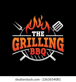 Vintage grilling bbq logo with fire, spatula, and grill element.