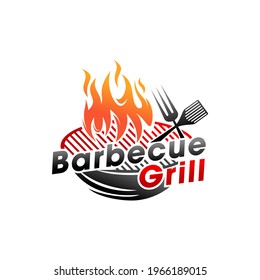 Vintage Grills barbecue with fork and fire flame logo design vector template
