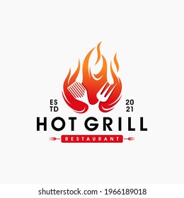 Vintage Grills barbecue with fork and fire flame logo design vector template
