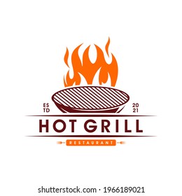 Vintage Grills barbecue with fork and fire flame logo design vector template
