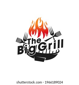 Vintage Grills barbecue with fork and fire flame logo design vector template

