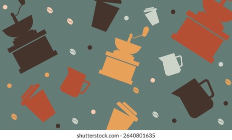 Vintage grinders, mugs, beans, and cups on teal background in a repeating design. Ideal for cafe posters, packaging, or barista visuals.