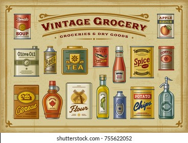 Vintage Grocery Set. EPS10 vector illustration in retro woodcut style.