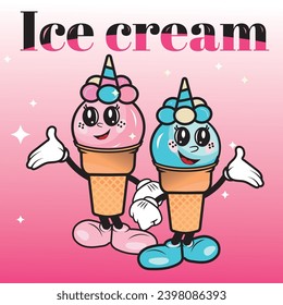 Vintage Groov Ice Cream Character for Poster Design Stickers, Logo. Retro character, 70s hippie style, in blue and pink.  for t shirt