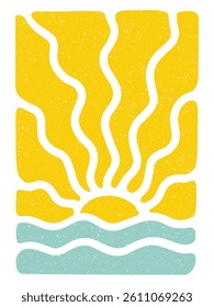 Vintage groovy abstract summer sea waves with wavy sun rays for surf beach print with retro rough texture for graphic tee t shirt or poster sticker. Vector