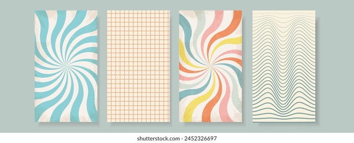 Vintage groovy background in 70s hippie style. Retro color palette. Geometric pattern designs. Vector vintage circus backgrounds.