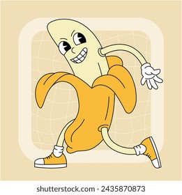 Vintage groovy banana character. Fruits and vegetables retro comic collection for poster and sticker design. Retro character, hippie 70s style.