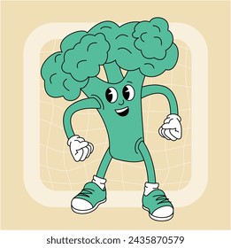 Vintage groovy broccoli character. Fruits and vegetables retro comic collection for poster and sticker design. Retro character, hippie 70s style.