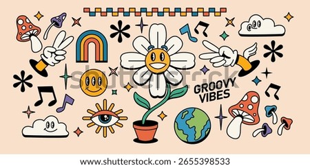 vintage groovy characters and elements for poster or sticker design. Retro character doodle cartoon, hippie 70s style, psychedelic mushroom, flowers,  planet earth. Vintage vector set
