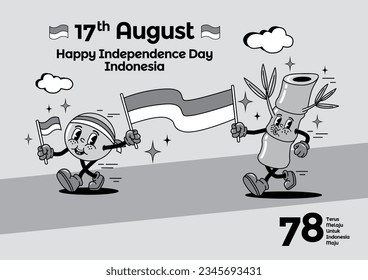 vintage groovy characters Happy Independence Day Indonesia concept for poster of sticker design. Terus Melaju Untuk Indonesia Maju means keep going for advanced Indonesia