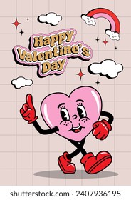 vintage groovy characters Happy Valentine's Day concept for poster of sticker design. Retro character, hippie 70s style