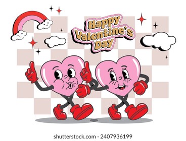 vintage groovy characters Happy Valentine's Day concept for poster of sticker design. Retro character, hippie 70s style
