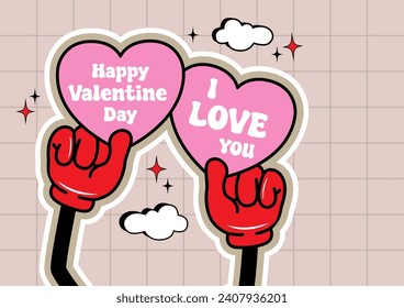 vintage groovy characters Happy Valentine's Day concept for poster of sticker design. Retro character, hippie 70s style