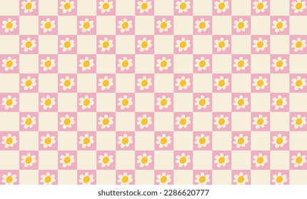 Vintage groovy chekered retro background with flowers. Cute colorful trendy vector illustration in style 70s, 80s.