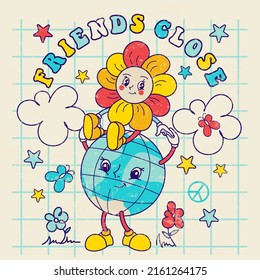 Vintage groovy concept of friendship, green planet, pacifism. Funny Friends: Earth and Daisy flower.Cute Globe and smile plant with character face.Old sharpen 70's style graphic with slogan.