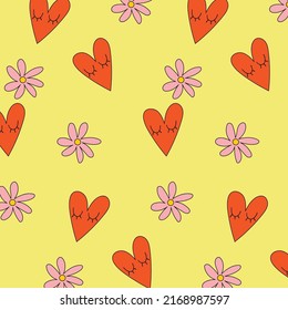 Vintage groovy daisy flowers and hearts. Seamless patterns 70s, 80s, 90s. Summer and spring print.