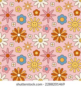 Vintage groovy daisy flowers. Retro hippie style, floral vector background 60s, 70s, 80s