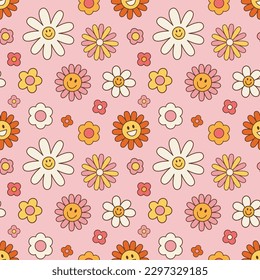 Vintage groovy daisy flowers. Retro hippie style, floral vector background 60s, 70s, 80s