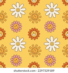 Vintage groovy daisy flowers. Retro hippie style, floral vector background 60s, 70s, 80s