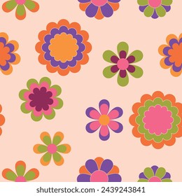 Vintage groovy daisy flowers. Retro floral vector background. Surface design in style of hippie. Modern pattern design for textile, stationery, wrapping paper, gifts. 60s, 70s, 80s style