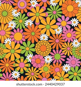 Vintage groovy daisy flowers. Retro floral vector background. Surface design in style of hippie. Modern pattern design for textile, stationery, wrapping paper, gifts. 60s, 70s, 80s style