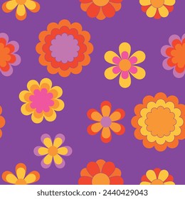 Vintage groovy daisy flowers. Retro floral vector background. Surface design in style of hippie. Modern pattern design for textile, stationery, wrapping paper, gifts. 60s, 70s, 80s style