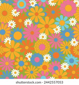 Vintage groovy daisy flowers. Retro floral vector background. Surface design in style of hippie. Modern pattern design for textile, stationery, wrapping paper, gifts. 60s, 70s, 80s style