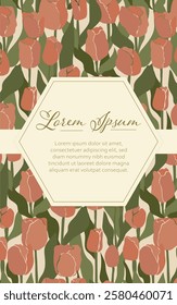 Vintage groovy floral card for different purposes. Greeting card with orange tulips composition.