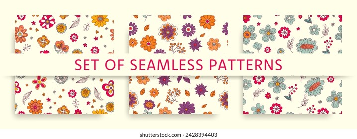 Vintage Groovy Floral Patterns Set: Abstract Seamless Designs with Daisy Flowers for Textile, Stationery, Wrapping Paper. 60s, 70s, 80s Retro Style. Perfect for a Hippie Aesthetic.