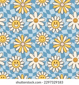 Vintage groovy flowers. Retro hippie style, floral vector seamless pattern, background 60s, 70s, 80s. Psychedelic chess board, fashionable print