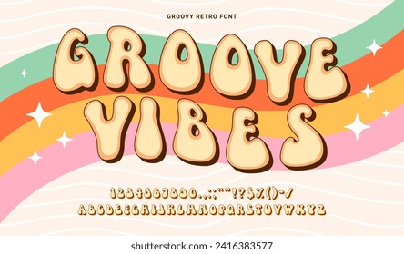 Vintage groovy font, psychedelic groove type, retro hippy typeface, funky English alphabet, exudes nostalgic charm with whimsical curves and hippie flair. Vibrant vector letters and numbers on rainbow