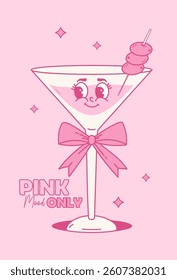 Vintage Groovy Glass Cocktail Character with Coquette Pink Ribbon Bow. Aesthetic Drink Martini with Olives. Romantic Girly Vibe. Vector illustration. Trendy poster 70s, 80s style with Cool Quote 