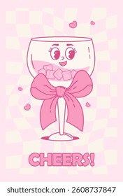 Vintage Groovy Glass Cocktail Character with Coquette Pink Ribbon Bow. Aesthetic Drink on Twisted Checkered Background. Romantic Girly Vibe. Vector illustration. Trendy vertical poster 70s, 80s style