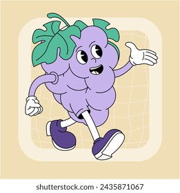 Vintage groovy grapes character. Fruits and vegetables retro comic collection for poster and sticker design. Retro character, hippie 70s style.