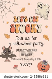 Vintage groovy halloween invitation template with pumpkin, bat, ghost, mushroom and skull. Vector psychedelic hippie retro 70s style illustation for party, event.