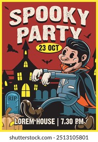 Vintage groovy Halloween Party Poster with pumpkins, bat, ghost, vampire, castle, graveyard and skull vector retro cartoon illustration