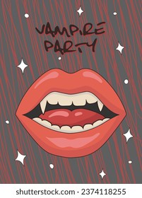 Vintage groovy halloween poster with vampire lips on abstract background. Vector illustation in psychedelic hippie 70s style for greeting card.	