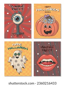 Vintage groovy halloween posters with pumpkin, ghost, vampire lips, zombie hand and eye on abstract background. Vector illustations in psychedelic hippie 70s style for greeting cards.