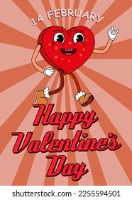 Vintage Groovy Happy Valentine Day poster, concept 70s