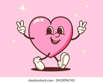 Vintage groovy heart. Retro character with arms and legs. Cartoon Romantic mascot Vector illustration