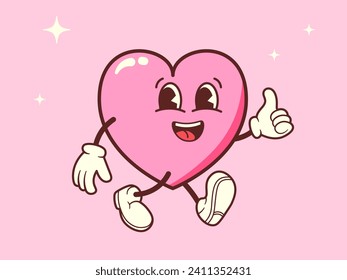 Vintage groovy heart. Retro character with arms and legs. Cartoon Romantic mascot Vector illustration