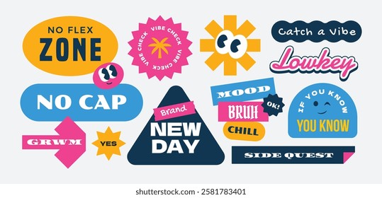 Vintage groovy and hipster gen z millenials slang words stickers, patch, label collection y2k style.