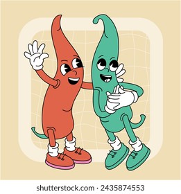 Vintage groovy hot chili pepper character. Fruits and vegetables retro comic collection for poster and sticker design. Retro character, hippie 70s style.