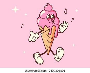 Vintage groovy ice cream. Retro character with arms and legs. Cartoon vector Vector illustration