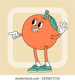 Vintage groovy orange character. Fruits and vegetables retro comic collection for poster and sticker design. Retro character, hippie 70s style.